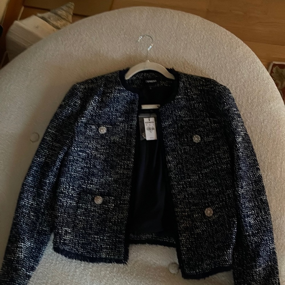 Express Textured open knit jacket in navy with sparkly buttons; No Shoulder pads